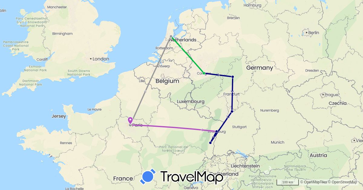 TravelMap itinerary: driving, bus, plane, train in Germany, France, Netherlands (Europe)