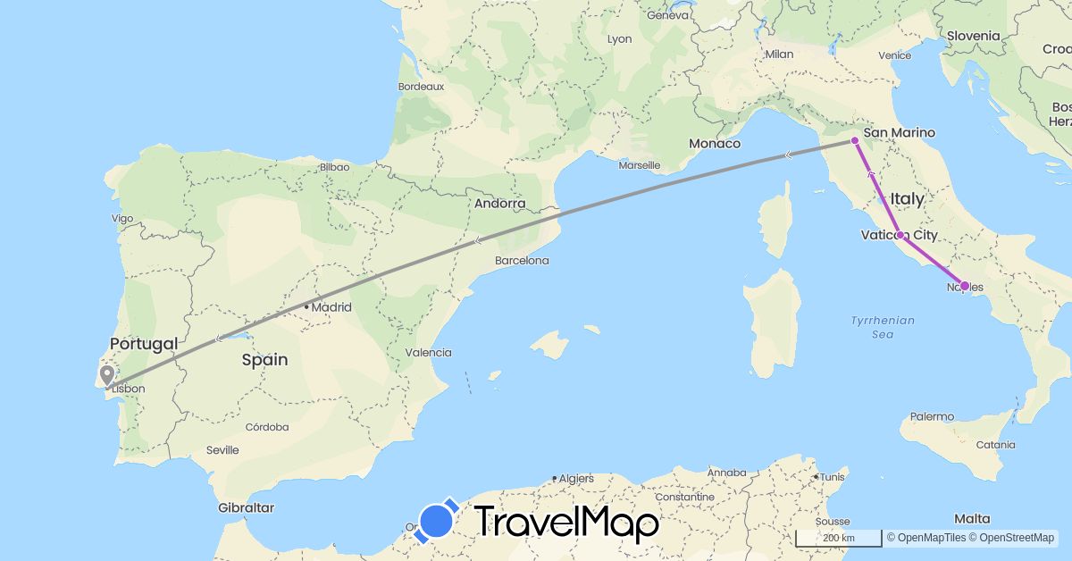 TravelMap itinerary: driving, plane, train in Italy, Portugal (Europe)